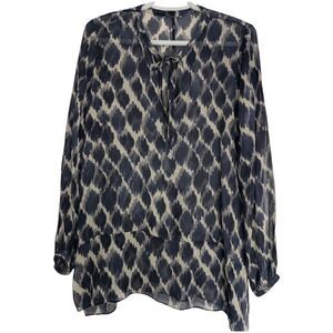 Club Monaco Women's Navy Blue Sheer 100% Silk Abstract Tie Neck Tunic Blouse